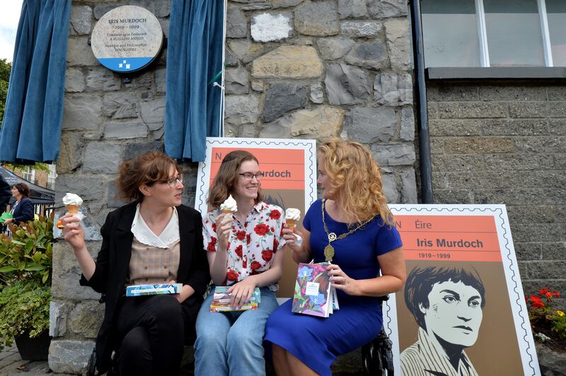 Philosopher Clare Mac Cumhaill (left) with student Rosanna Turner and Cllr Mary Fitzpatrick at the unveiling of a plaque at Blessington Street, Dublin and a special postage stamp to honour Iris Murdoch in 2019. Photograph: Alan Betson