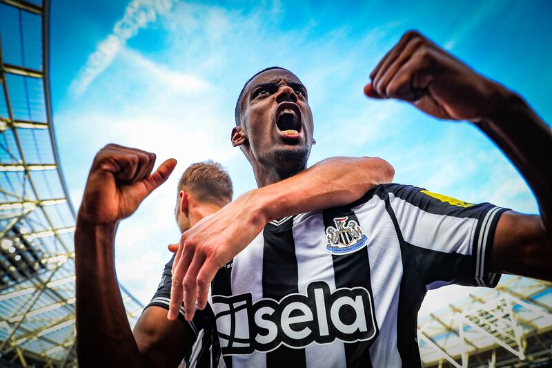 Newcastle United's Alexander Isak celebrates scoring his side's first goal during the Premier League match against West Ham at the London Stadium. Photograph: Bradley Collyer/PA Wire.
