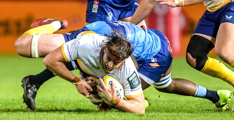 Ryan Baird of Leinster is tackled. Photograph: Steve Haag Sports/Christiaan Kotze/Inpho
