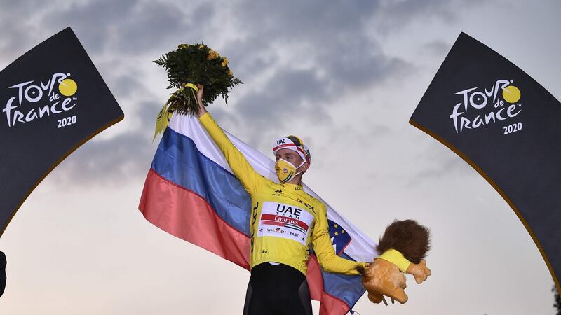 Slovenia’s Tadej Pogacar wearing the Tour de France yellow jersey. Photograph: Anne-Christine Poujoulat/Getty/AFP)