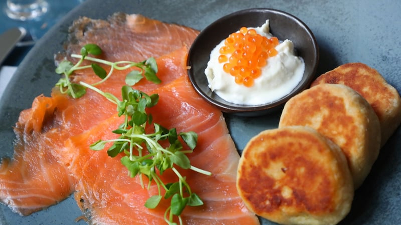 Burren smoked salmon, fermented potato bread, Goatsbridge caviar, horseradish creme fraiche at the  Commons Cafe at (Moli) Museum of Literature Ireland, Dublin. Photograph: Nick Bradshaw / The Irish Times