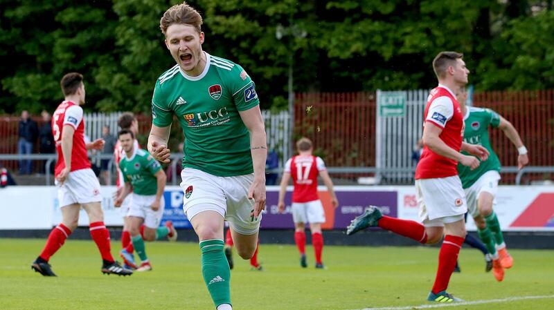 Cork City’s Kieran Sadlier celebrates after  scoring from the penalty spot in the SSE Airtricity League Premier Division match at Richmond Park. Photograph: Tommy Dickson/Inpho