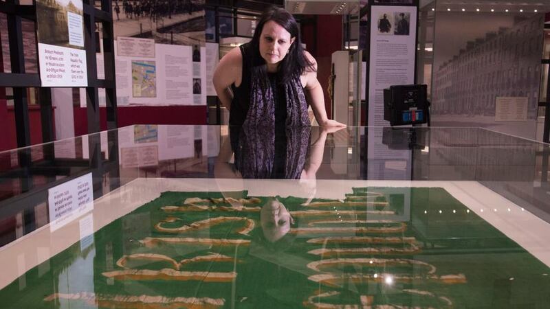 Easter Rising: the Irish Republic flag at Proclaiming a Republic, at the National Museum of Ireland. Photograph: Dave Meehan
