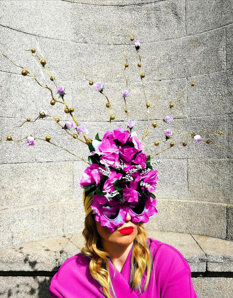 Azalea: Upcycled sunglass frames decorated with fake flowers and deconstructed Christmas decorations. Photograph: Edward Keegan