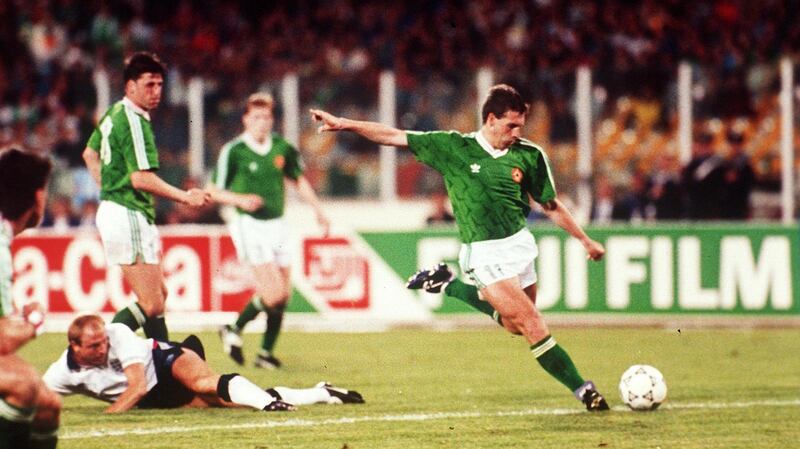 Kevin Sheedy sends the thousands of Irish fans wild with his goal against England. Photo: Billy Stickland/Inpho