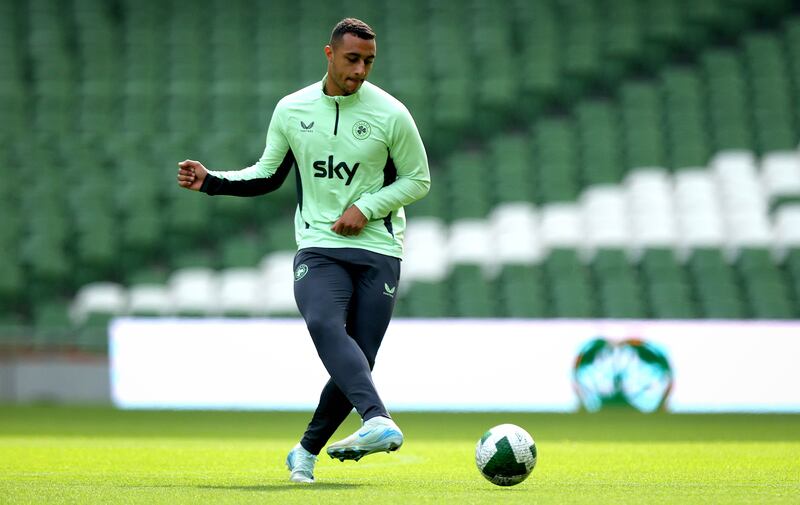 Adam Idah during the Republic of Ireland squad training session at the Aviva Stadium. The Celtic striker is in line to start against England. Photograph: Ryan Byrne/Inpho