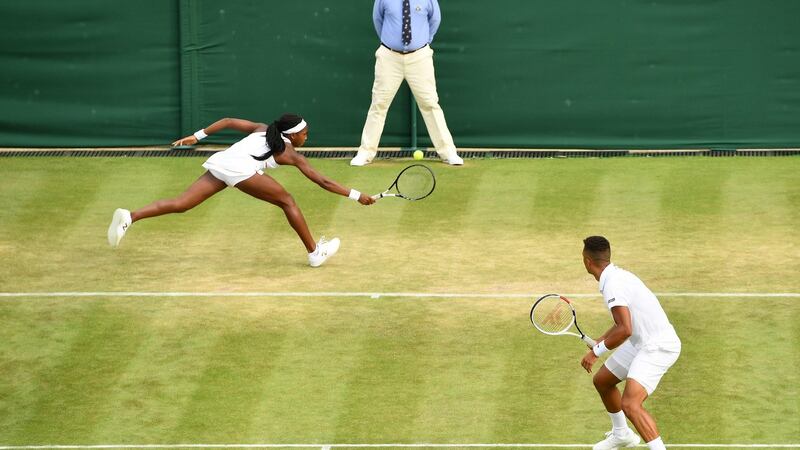 Coco Gauff’s defeat in mixed doubles with Britain Jay Clarke hasn’t knocked her sense of fun. Photograph: Daniel Leal-Olivas/AFP/Getty Images