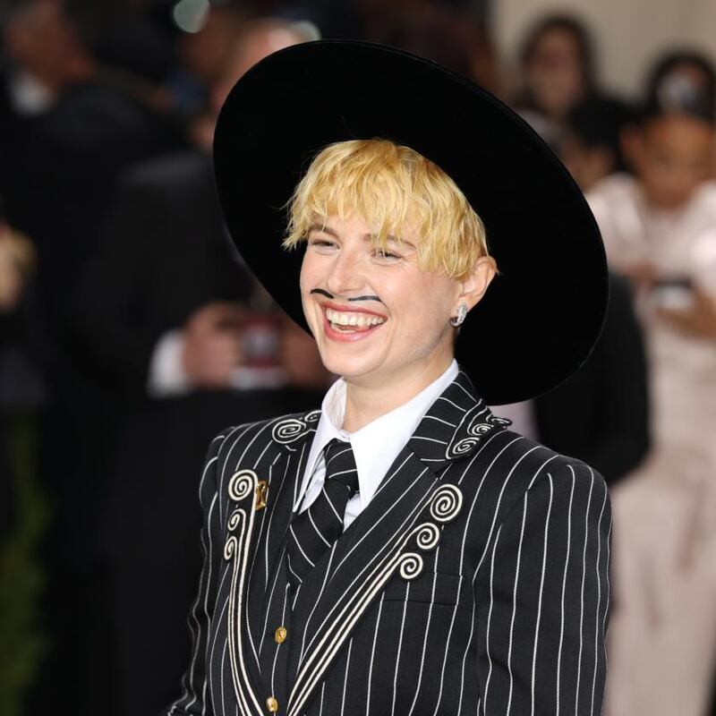 Irish actor Jessie Buckley with a fake moustache. Photograph: Krista Schlueter/The New York Times