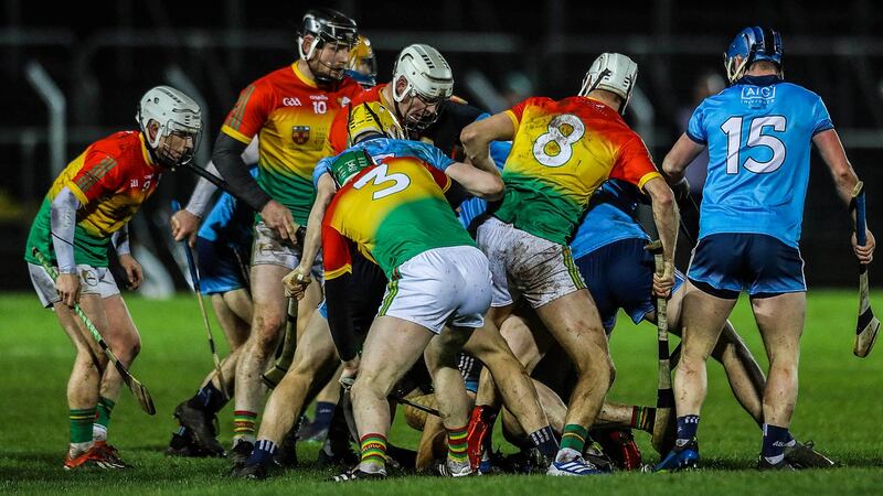 Carlow and Dublin players battle for possession during the  Allianz Hurling League Division 1B game at  Netwatch Cullen Park in February. Photograph: Lorraine O’Sullivan/Inpho