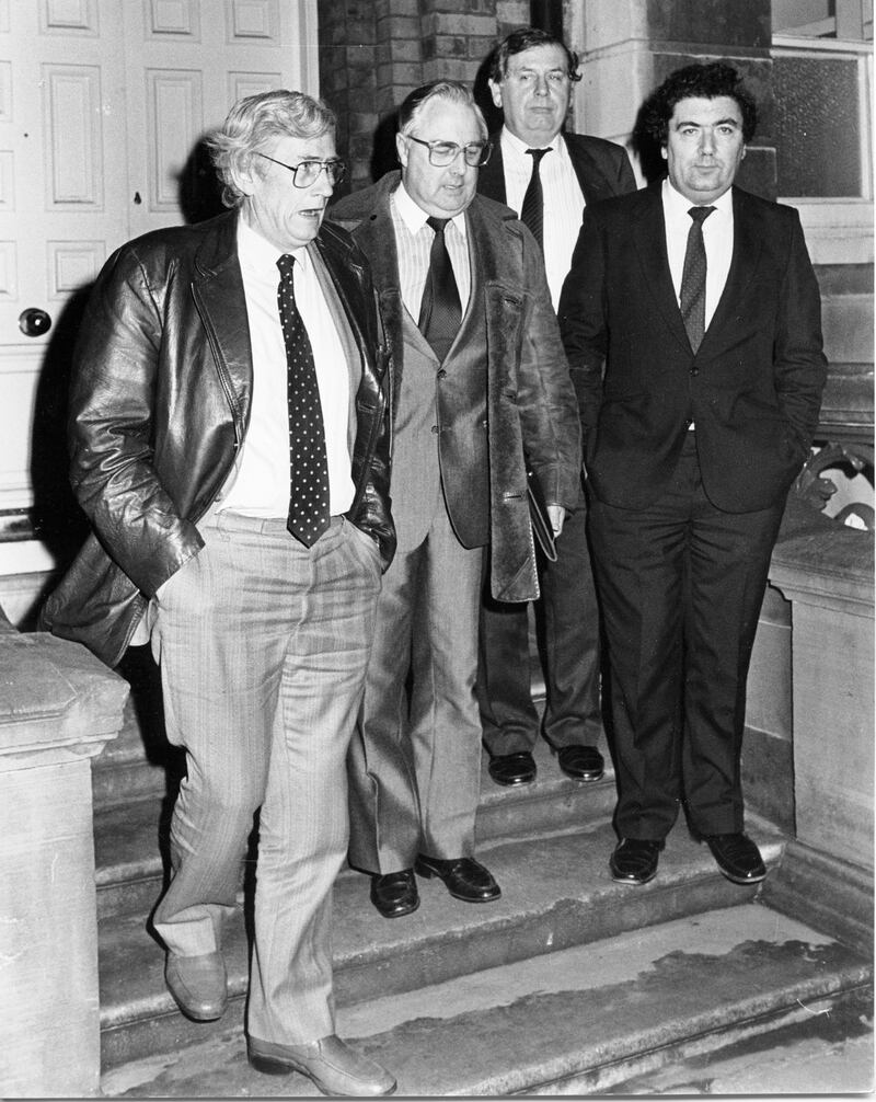From left: SDLP members  Seamus Mallon, Joe Hendron, Eddid McGrady and John Hume leave the Department of Foreign Affairs in Dublin  following a meeting with then-taoiseach  Garrett FitzGerald on November 12th, 1985. Photograph: Jack McManus/The Irish Times