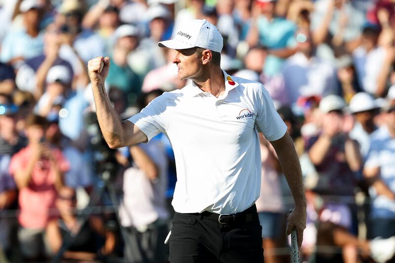 Justin Rose reacts after making a birdie on the 18th hole during a playoff against JJ Spaun at the FedEx St Jude Championship at TPC Southwind in Memphis, Tennessee. Photograph: Stacy Revere/Getty Images