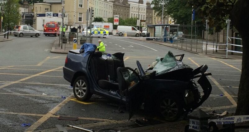 The scene of the crash at Fairview in Dublin early this morning. Photograph: Hugh Linehan/The Irish Times