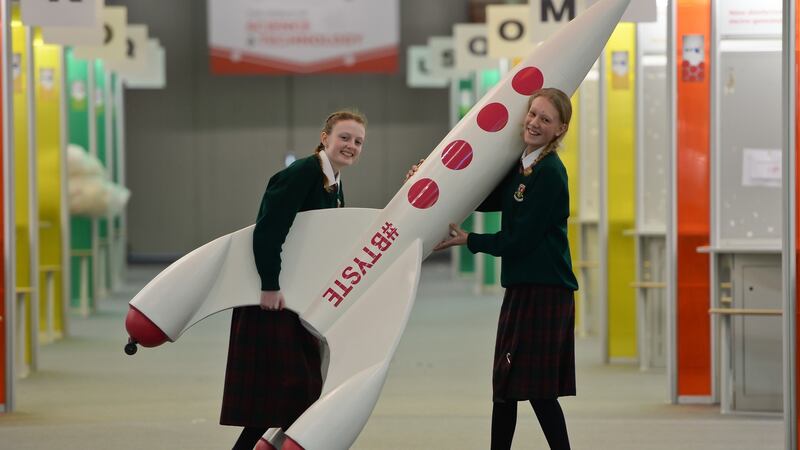 Caoilfhionn Ní Dheorain (14) and Martha Nic Ionais (14) from Coláiste Chilliain, Clondalkin, during the opening of the 2015 BT Young Scientist and Technology Exhibtion. Photograph: NurPhoto via Getty