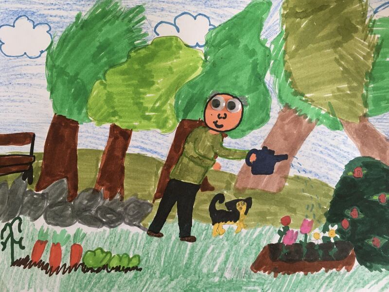 Éadaoin Fenton, aged 8.
'I drew this picture of Grandad because it's his birthday next week and because I cant see him I imagine him in his garden watering his plants.'