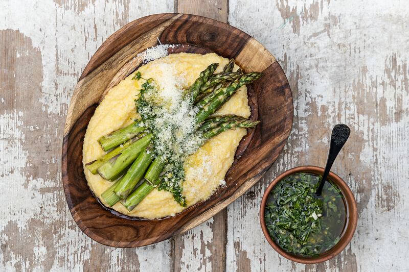 Soft polenta, asparagus and maple gremolata