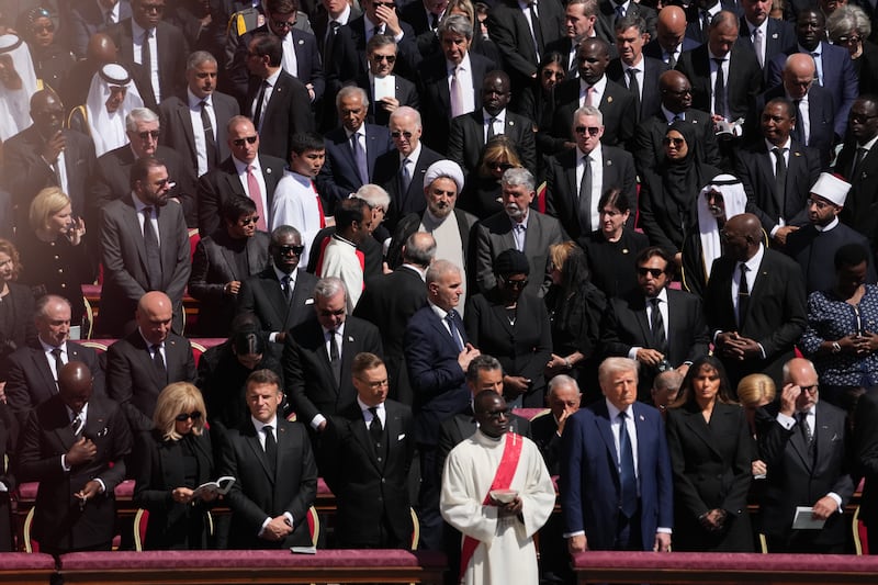 A priest stands in front of the many dignitaries and heads of state attending the funeral of Pope Francis, at St. Peter’s Square in Vatican City. Photograph: Eric Lee/The New York Times