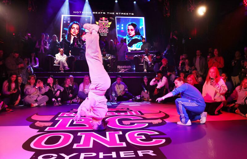 Red Bull BC One National Cypher:  B-girl Redlock (Rachel Donohoe) competes against B-girl Threadz (Katie Talpa). Photograph: Alan Betson