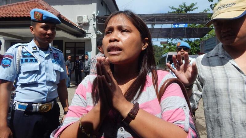 Marites Laurente, the sister of Filipina drug convict and death row prisoner Mary Jane Veloso, pleads for mercy on arrival at Nusakambangan port in Cilacap. Photograph: Romeo Gacadromwo Gacad/AFP/Getty Images
