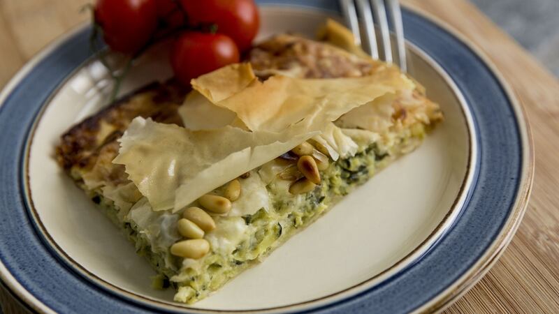Courgette and basil filo with pine nuts