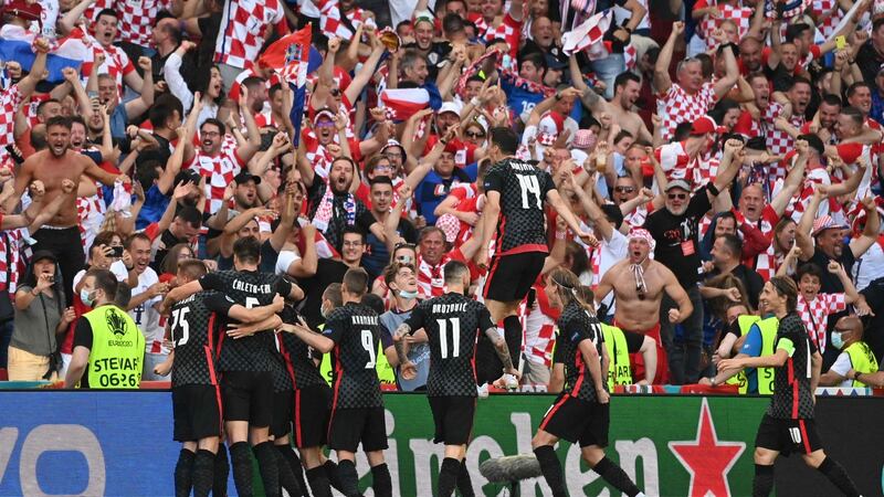 Croatia’s players celebrate their third goal.   Photograph: Jonathan Nackstrand/Getty Images