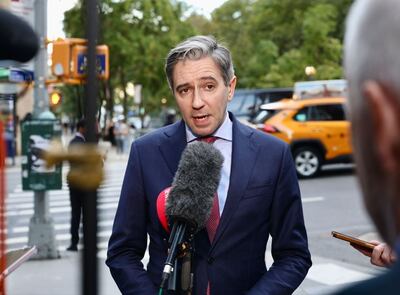 Simon Harris speaking to reporters in New York. Photograph: Keith Duggan