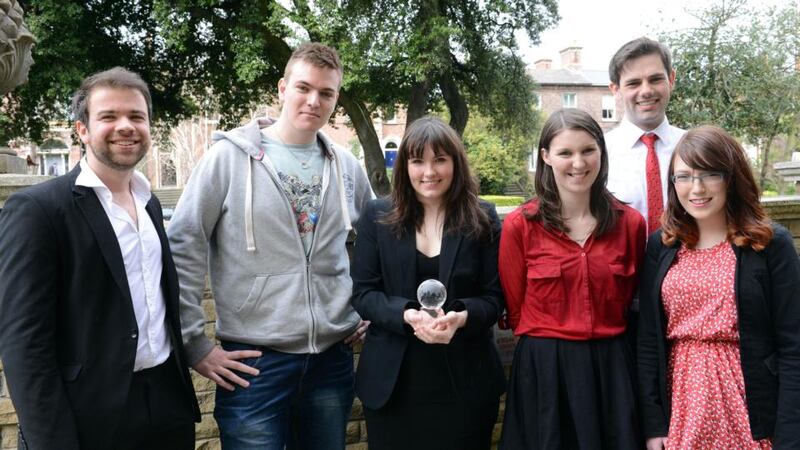 From left: finalists Cathal O'Donhnallain, the Bull; Ronan Burtenshaw, Trinity News, which won the Newspaper of the Year award; Emer Sugrue of the University Observer; Jenny Darmody of the College View;  Jarlath Moloneyof the Edition;  and Aoife Valentine of the University Observer at the National Student Media Awards in Dublin yesterday. Photograph: Eric Luke