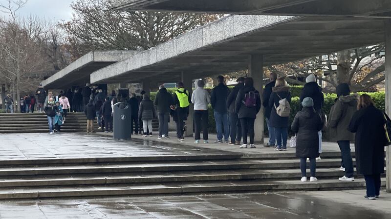 1 Over 500 people in the queue at UCD by 9am for Covid-19 booster vaccination in the over 50’s cohort, on the second day of walk in clinics at the University. Photograph: Alan Betson