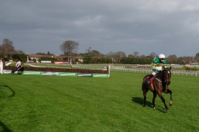 Mark Walsh riding Fact To File clear of the last to win The Ladbrokes Novice Chase at Leopardstown. Photograph: Alan Crowhurst/Getty Images
