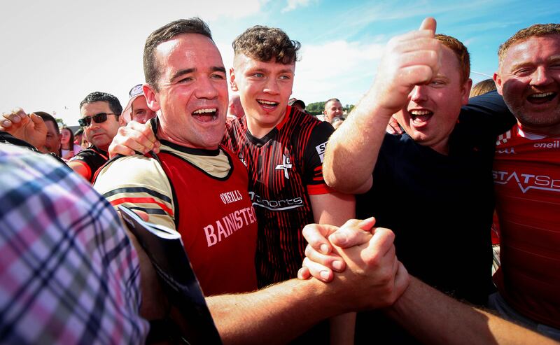 Louth manager Ger Brennan celebrates after Louth vs Cork. Photograph: Ryan Byrne/Inpho