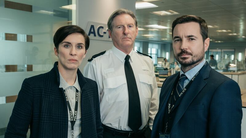 Kate (Vicky McClure), Ted (Adrian Dunbar) and Steve (Martin Compston) from Belfast-filmed Line of Duty, which suspended production on its sixth series last month. Photograph: BBC