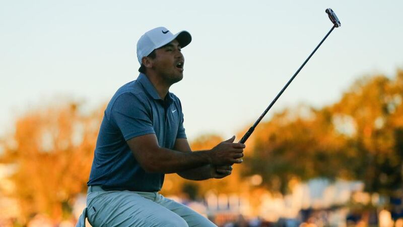 Jason Day reacts after missing a putt on the 16th hole during his play-off with Alex Noren. Photograph: Michael Reaves/Getty