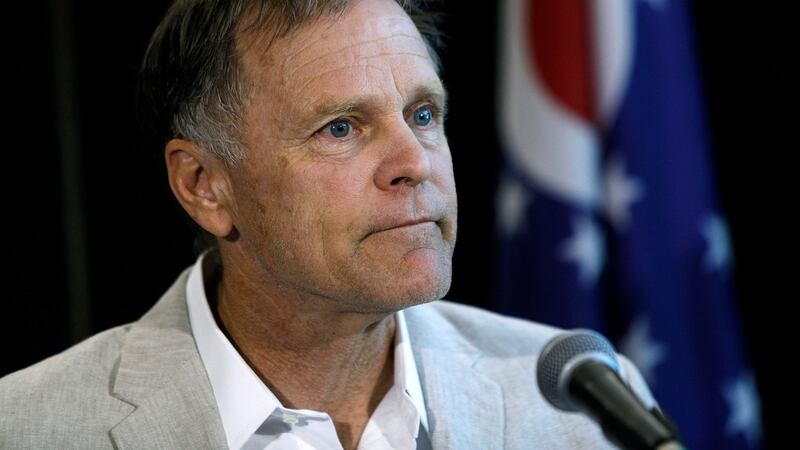 Fred Warmbier, father of Otto Warmbier, holding a press conference wearing his son’s jacket  in Wyoming, Ohio on Thursday. Photograph:  Bill Pugliano/Getty Images