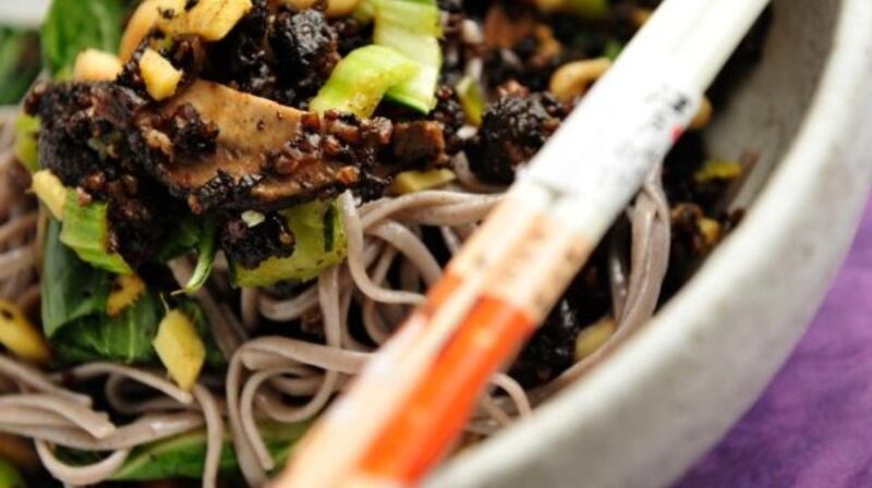 buckwheat noodles with black pudding, shiitake and bok choi