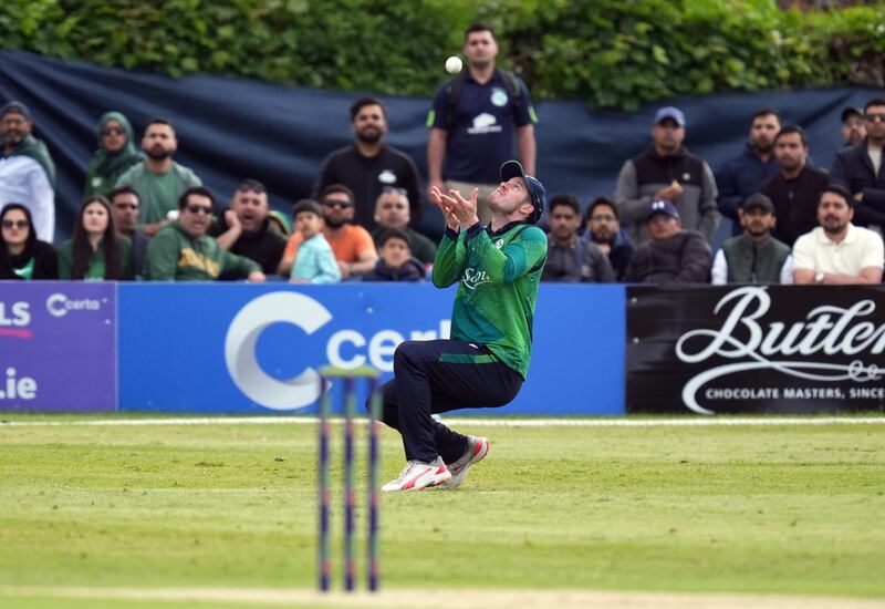 Ireland's George Dockrell takes a catch to dismiss Pakistan's Saim Ayub during the third T20 international at Castle Avenue. Photograph: Niall Carson/PA Wire