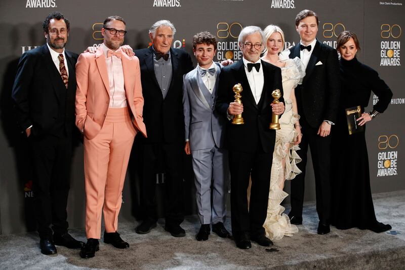 Tony Kushner, Seth Rogen, Judd Hirsch, Gabriel LaBelle, Steven Spielberg, Michelle Williams, Paul Dano, and Kristie Macosko Krieger at the 2023 Golden Globe Awards. Photograph: Caroline Brehman/EPA-EFE
