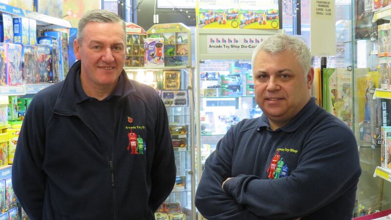 Martyn Perry (left) and Dave Carter of Arcade Toys. “I think we need to get Brexit done, so we can get on and get law and order and the NHS sorted,” says Martyn.  Photograph: Jennifer O’Connell