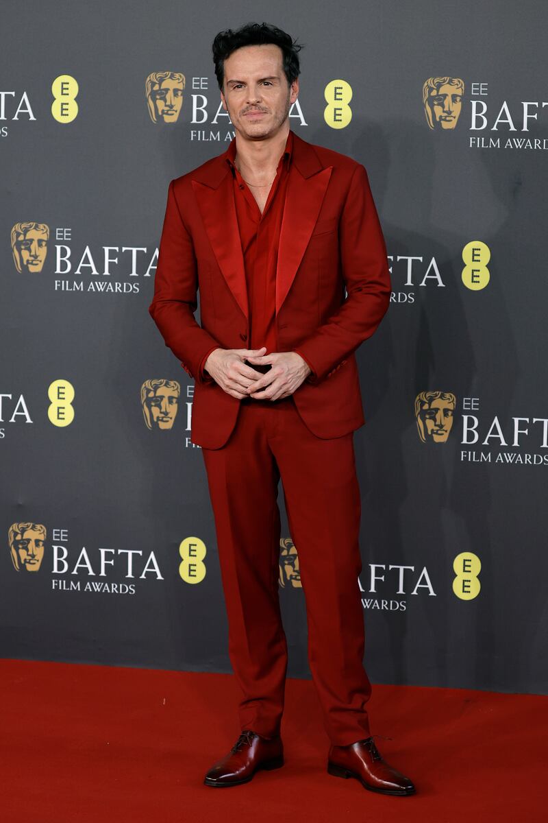 Andrew Scott gamely risking a colour clash with the red carpet as he arrived for the ceremony. Photograph: John Phillips/Getty Images