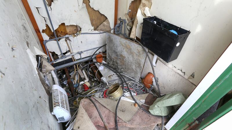 A damaged section between a kitchen and washing and toilet unit at the Carrowbrowne temporary halting site beside the Headford Road in Galway. Photograph: Joe O’Shughnessy
