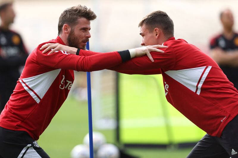 Manchester United goalkeepers David de Gea and Nathan Bishop  during a training session at the WACA stadium in Perth ahead of the tour match against Aston Villa. Photograph: Trevor Collens/AFP via Getty Images