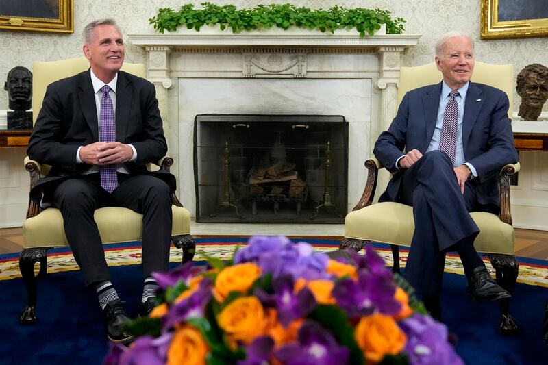 US president Joe Biden meets with House Speaker Kevin McCarthy in the Oval Office of the White House. Photograph: Alex Brandon/AP