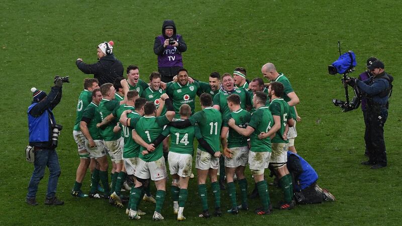 Man of the match Tadhg Furlong in the middle of the  Ireland  huddle at Twickenham. Photograph: Shaun Botterill/Getty Images