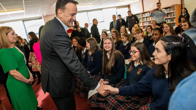 Taoiseach Leo Varadkar visits St Joseph’s College Lucan with local Fine Gael candidates, Vicki Casserly and Emer Higgins. Photograph: Douglas O’Connor