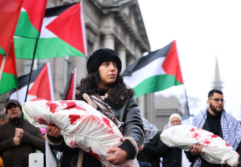 Lamis Goumaa, Crumlin and Ameer Hassouna, Gaza, joined the march in Dublin on Saturday. Photograph: Dara Mac Dónaill
