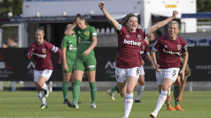 Leanne Kiernan of West Ham United celebrates scoring during the WSL match against Yeovil Town at Rush Green, Romford, England. Photograph:  Arfa Griffiths/West Ham United via Getty
