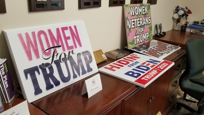 Trump paraphernalia laid out at the Republican Party’s Montogomery County headquarters in Ohio. Photograph: Stephen Starr