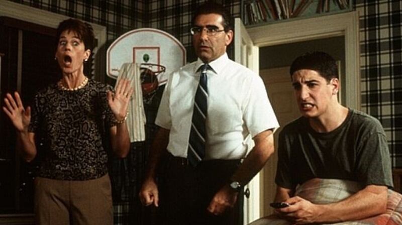 Jason Biggs, Molly Cheek, and Eugene Levy in American Pie. Photograph; Universal Pictures