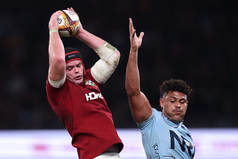 James Ryan of the British and Irish Lions and Miles Amatosero of the Waratahs compete in the lineout. Photograph: Cameron Spencer/Getty