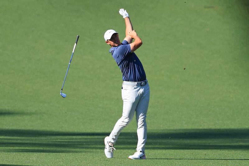 Rory McIlroy reacts to his second shot on the 10th hole which set up a birdie from 15 feet during the final round of the  Masters at Augusta National Golf Club. Photograph: David Cannon/Getty Images 