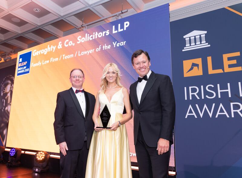 Richard Hammond, solicitor and partner at Hammond Good LLP and chair of the judging panel of the Leap Irish Law Awards; Sinéad Geraghty, solicitor at Geraghty & Co Solicitors LLP; and Anton Savage, MC of the night. Photograph: Paul Sherwood