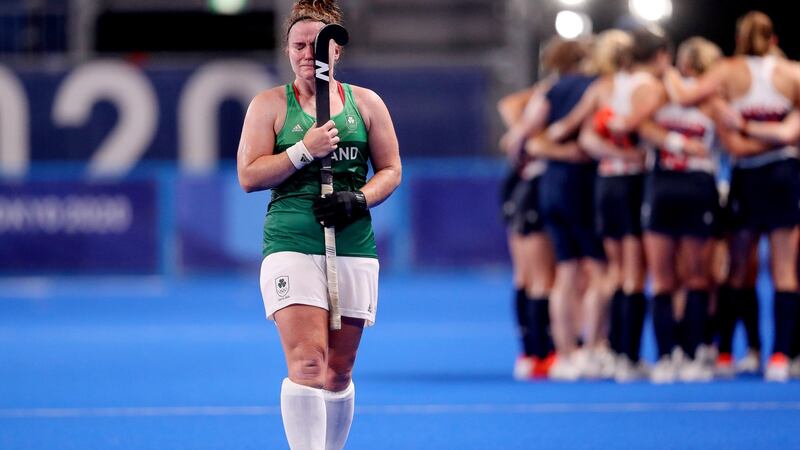 Ireland’s Shirley McCay looks dejected after her side were knocked out of the Olympics by Britain. Photograph: Bryan Keane/Inpho